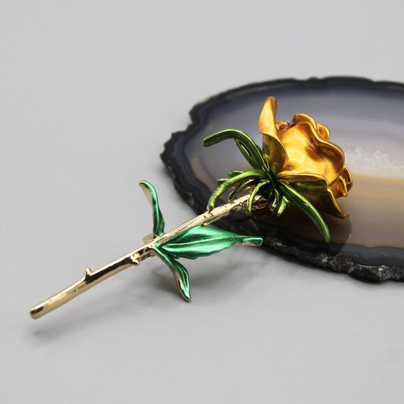 Jewelry pin brooch rose flower love romantic gold tone yellow green elegant new - Picture 1 of 11